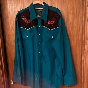 Men's Teal Western Shirt with Floral Embroidery